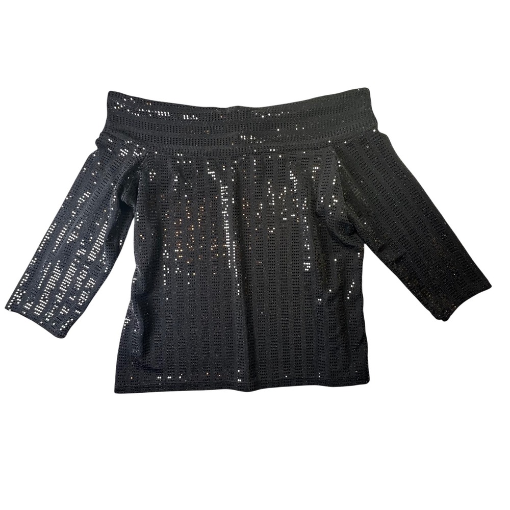 Clara Sunwoo Sequin‎ Off Shoulder Top Sparkly Party Glam Size L Black Whisigoth